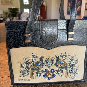 Vintage Enid Collins Togetherness blue Jeweled Peacock Canvas Leather 60’s purse